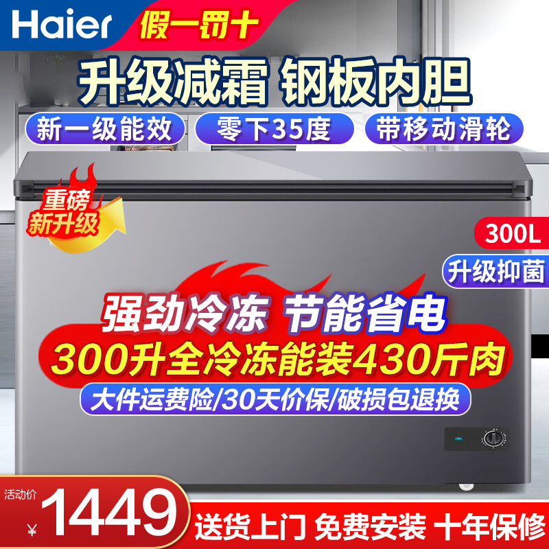 海尔（Haier）冰柜家用300升商用大容量无需频繁除霜一级能效省电-35度深冷锁鲜卧式速冻冷柜BC/BD-300GH