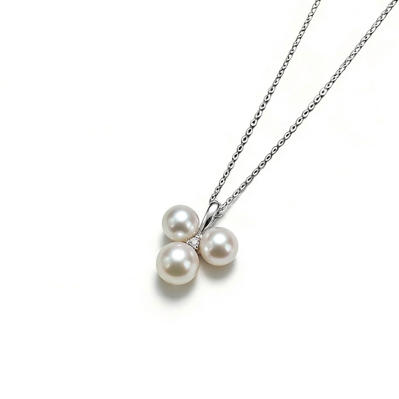 北京黄金 925 银天然珍珠三珠项链 三角锆石轻奢通勤送礼套链高清大图