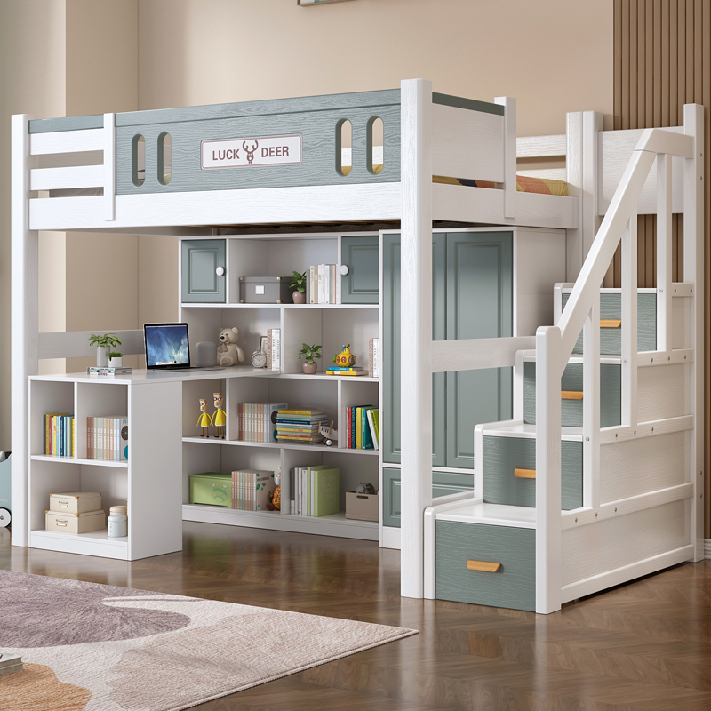 欧梵森 实木高架床带衣柜上床下书桌一体组合床双人儿童床书柜大床
