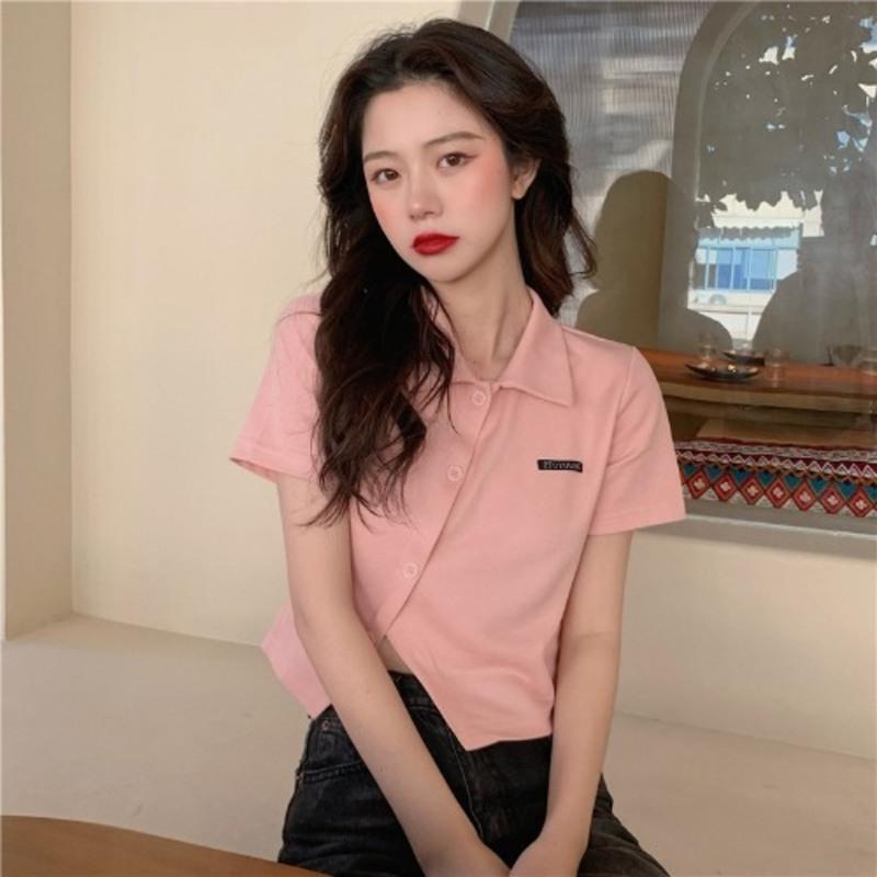 大码微胖女孩修身显瘦上衣夏季设计感粉色polo领短款露脐T恤ins潮 粉色T恤 M