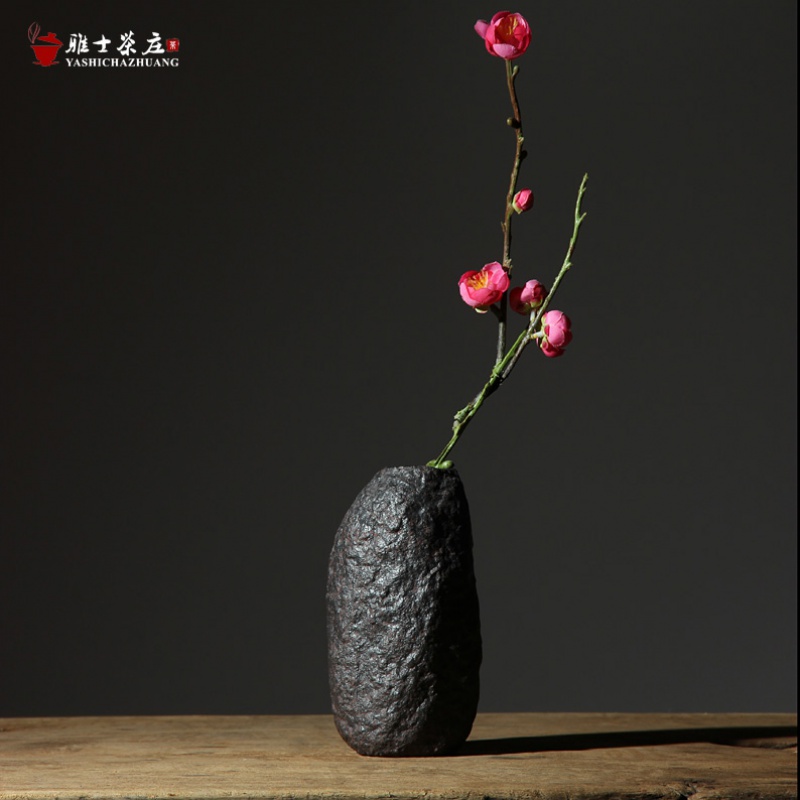 日式粗陶花瓶复古手工拙朴花插陶瓷茶具摆件禅意居家装饰陶艺花器收纳袋 三维工匠 雅器粗陶黑【款四】