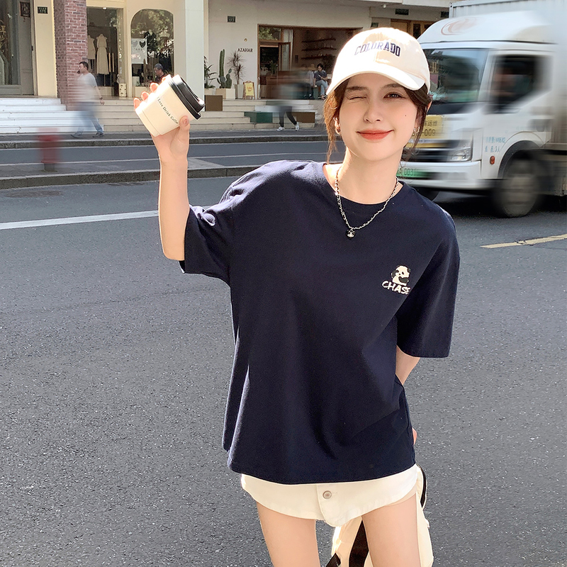 [1.5折价38元]唐狮熊猫印花圆领短袖T恤女新款夏季宽松纯棉上衣女甜美