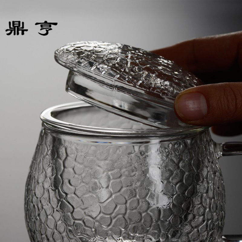 鼎亨玻璃茶具锤纹加厚耐热玻璃过滤办公室大号泡茶杯子带盖花茶茶