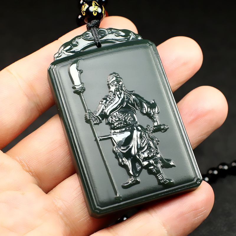 和田玉关公玉牌真品新疆青玉武财神关羽玉佩男士玉石玉吊坠玉挂件