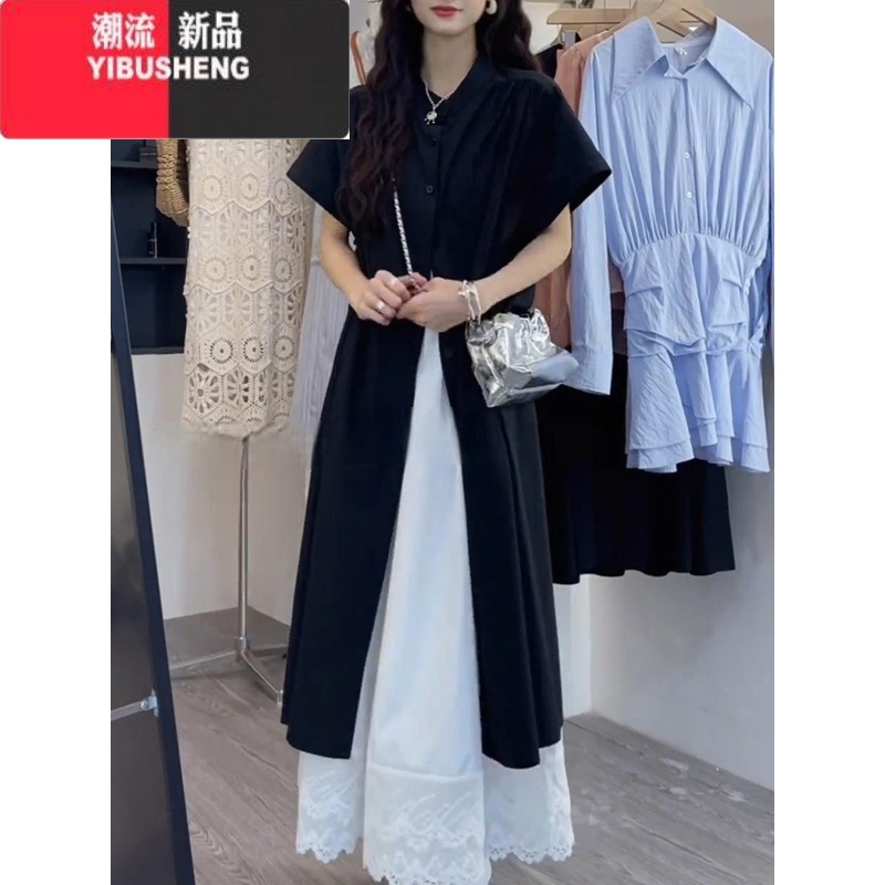 YIBUSHENG蓝色条纹衬衫连衣裙子女季2024新款宽松慵懒叠穿日系长裙松弛色 65/70kg/XXL 黑色衬衫裙