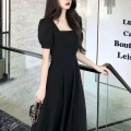 泡泡袖方领赫本风连衣裙女装夏季裙子收腰显瘦气质过膝长裙子夏款 XXL 黑色