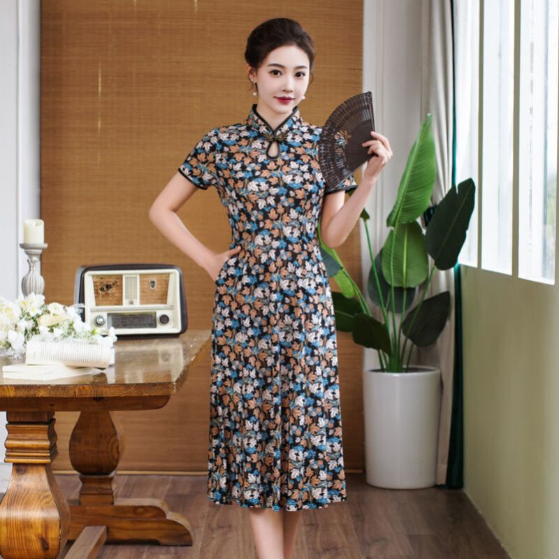 美帛新款旗袍中长款连衣裙夏季薄款改良短袖复古中老年裙子