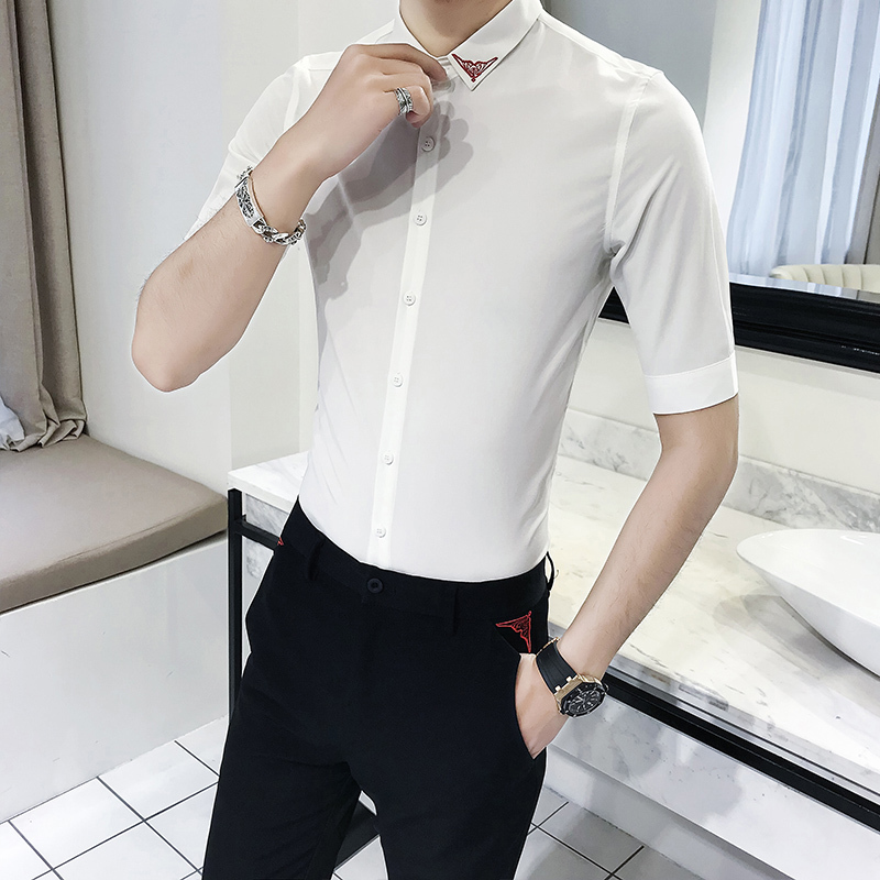 夏季五分袖衬衫男修身帅气夜场男装少爷服型师短袖衬衣中袖寸子