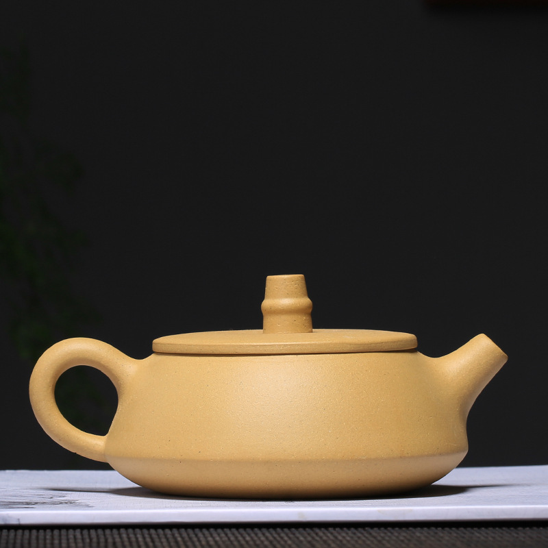 宜兴紫砂石瓢壶原矿段泥竹影紫砂壶手工刻绘