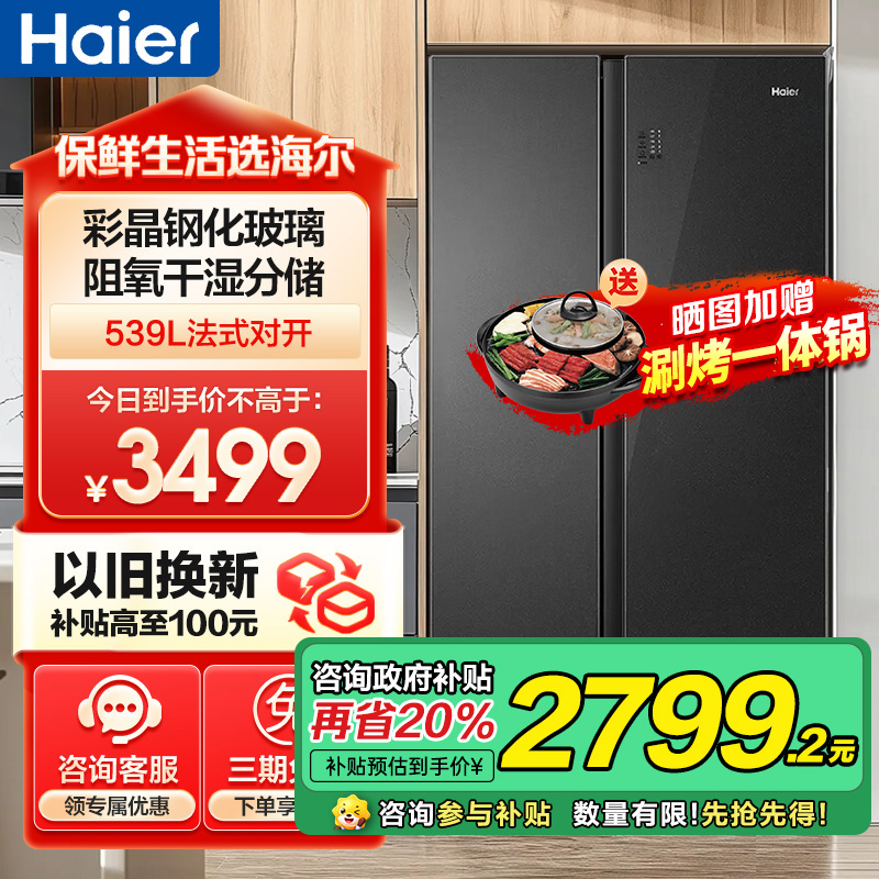 海尔(Haier)539升对开门嵌入冰箱 彩晶一级变频 阻氧干湿分储 DEO净味家用 BCD-539WGHSSE5SL