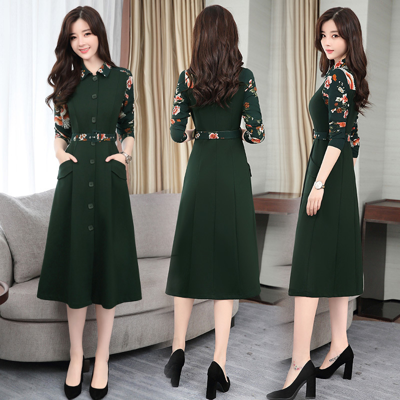 秋装女士新品女韩版气质名媛搭配大衣的打底裙子衬衫领长袖连衣裙