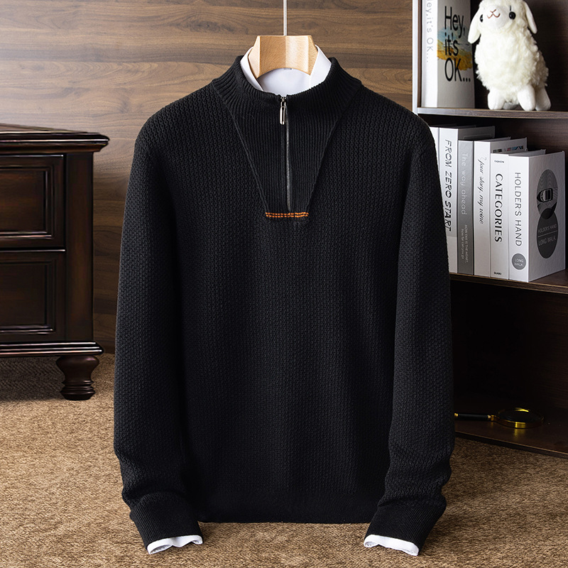 680g半高领拉链毛衣男冬季新款加厚保暖打底男士羊毛衫_55730 黑色 XXL