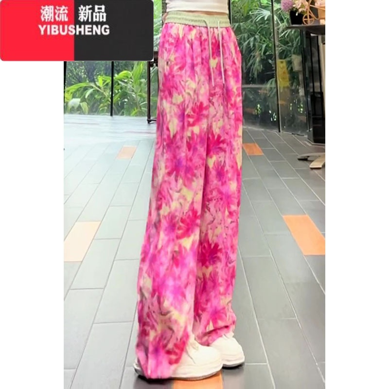 YIBUSHENG粉色蔷薇印花阔腿裤女季新款大码宽松薄款休闲裤显瘦百搭直筒瘦 XL推荐115-130斤 粉红蔷薇