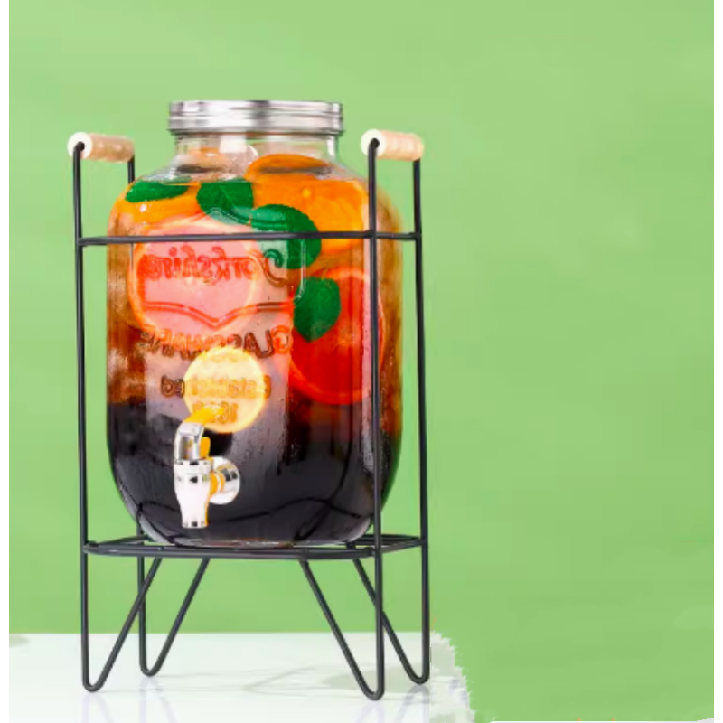 商用装酒柠檬果汁容器鼎龙头饮水桶带水壶泡玻璃罐子4L(含铁架)