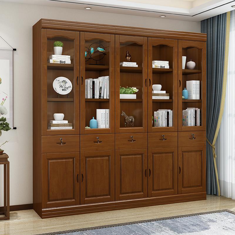 全实木书柜带玻璃自由组合3456原木书橱书房置物柜现代新中式定制三门