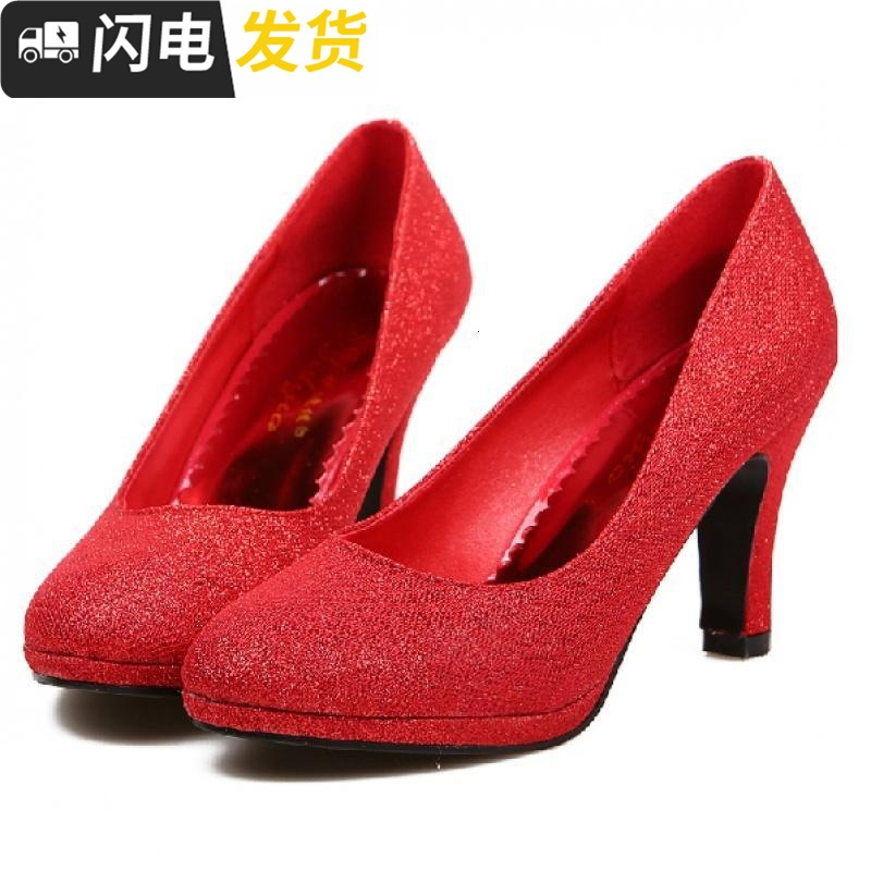 新款红色银色金色晶圆头防台高跟女单鞋礼服鞋婚鞋伴娘鞋表演启如休闲鞋