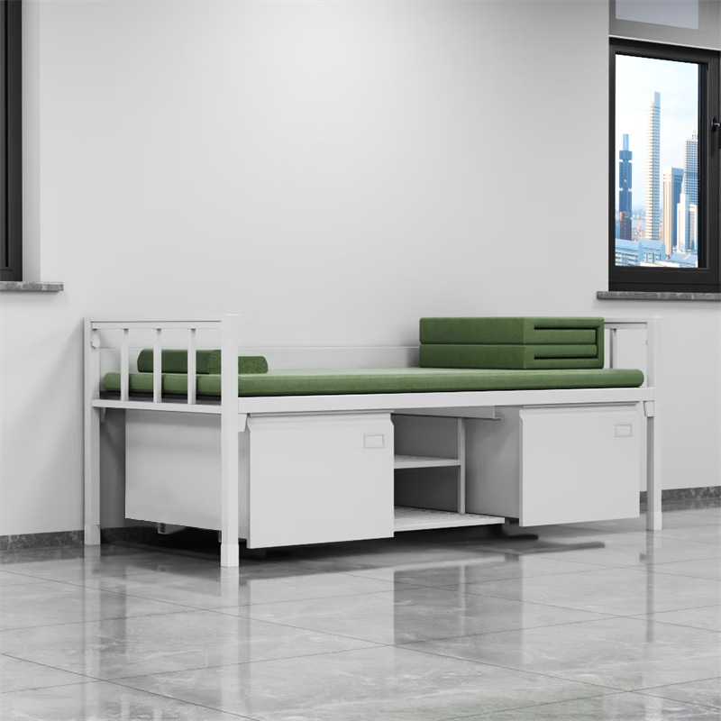 富路达钢制宿舍单层床铁架床加厚内务单人床带鞋柜1.2米宽单人床高清大图