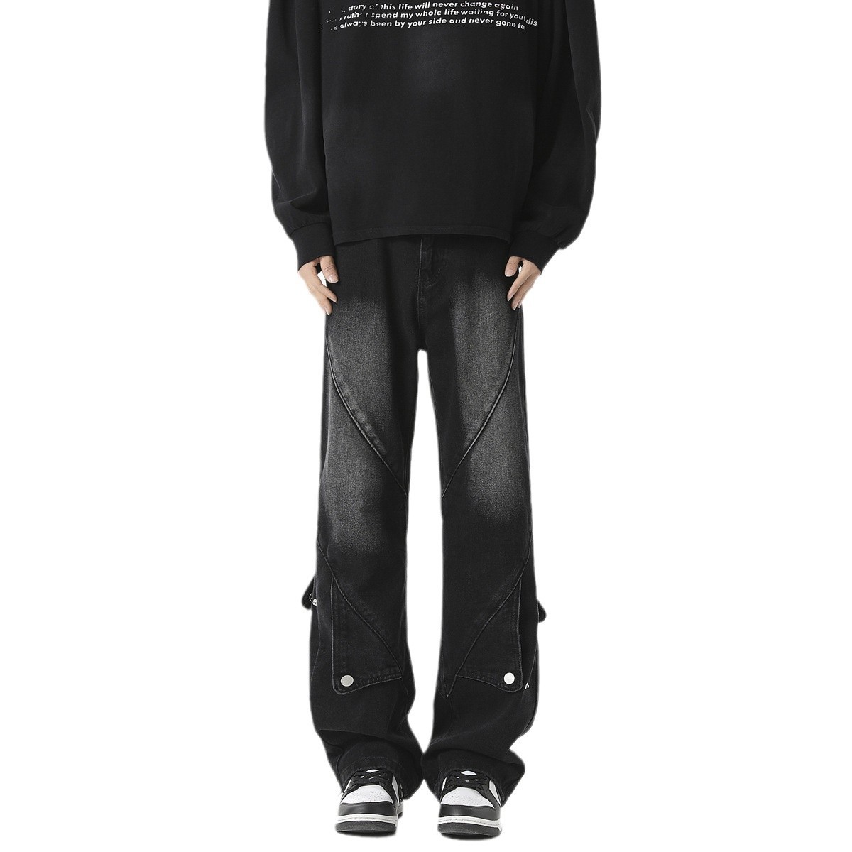 拼接微喇品牌牛仔裤男款新款时尚痞帅气质百搭休闲裤高清大图