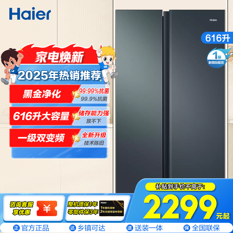 海尔(Haier)616升大对开门冰箱 一级变频 风冷无霜 黑金净化杀菌大容量冰箱BCD-616WGHSSEDC9