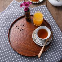 唐宗筷 日式木质托盘 餐盘 茶托 水杯托盘 点心干果盘 圆形镂空 30cm(棕色)C6646