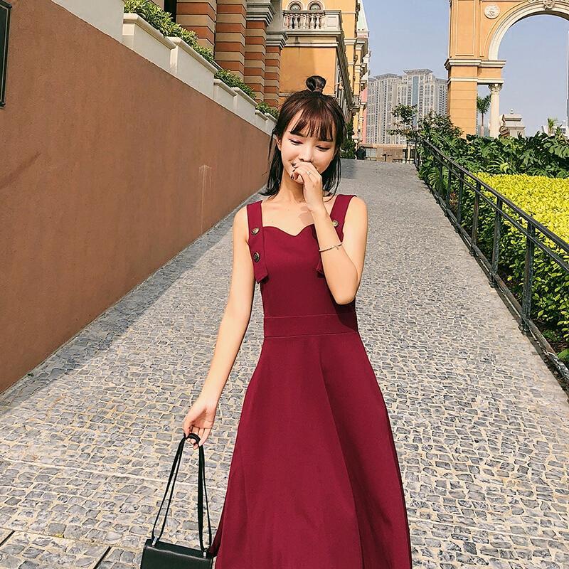 2018夏季纯色长裙优雅气质带连衣裙收腰大摆中长裙a字裙女紫色均码