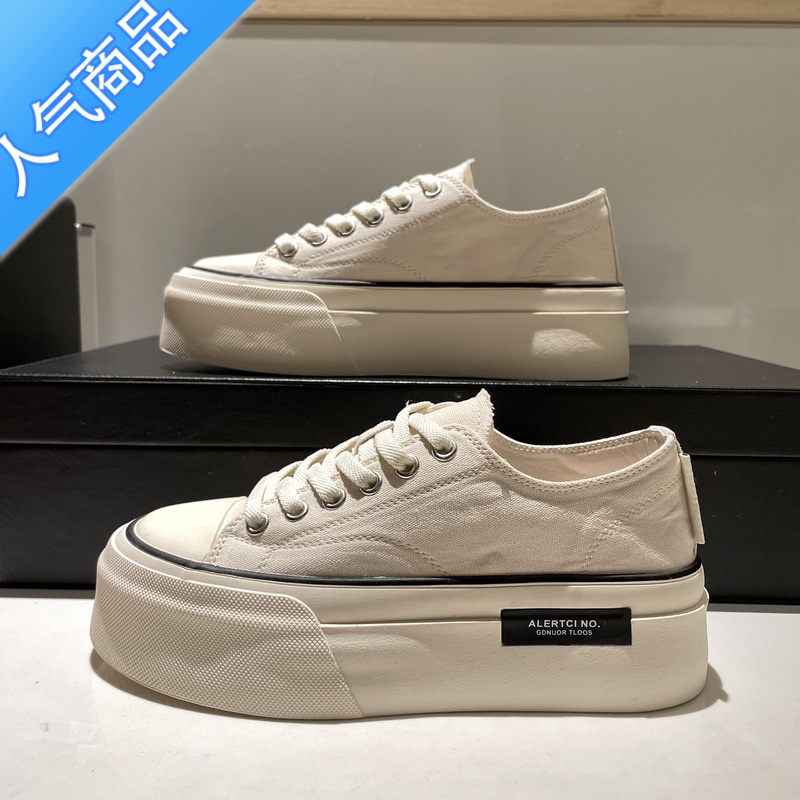 SUNTEK厚底帆布鞋女春2023新款小白鞋女小众设计感百搭女鞋子高清大图