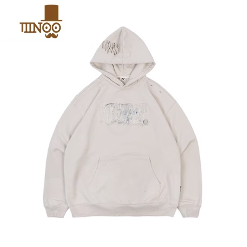 YANXUSTA国潮2023刺绣牛仔LOGO破坏连帽卫衣男女美式宽松长袖帽S高清大图