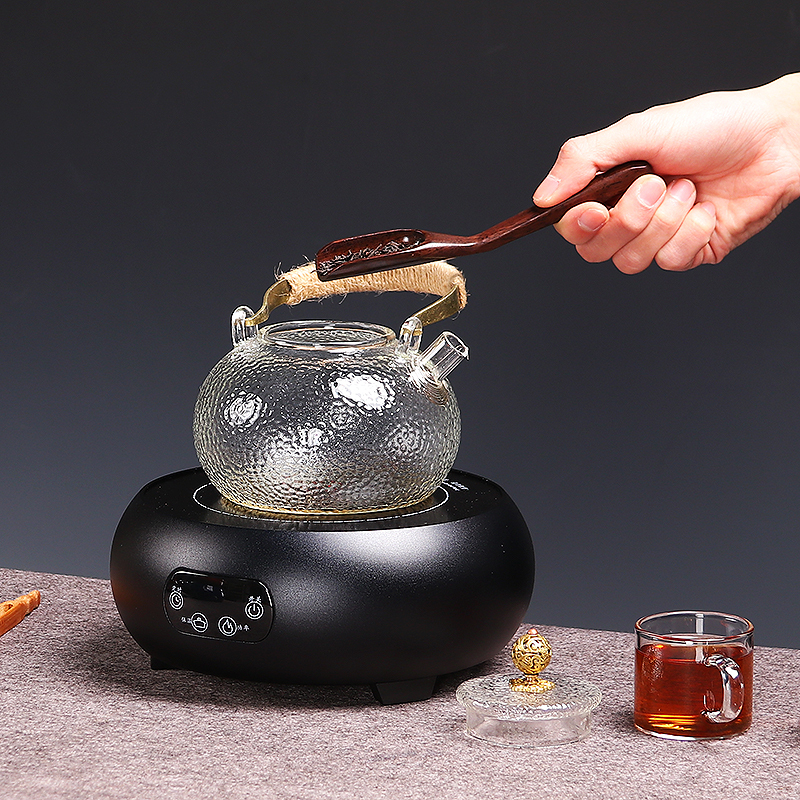 尚帝 电陶炉茶炉家用迷你铁壶煮茶炉不挑壶玻璃烧水壶煮茶 黑金刚鼓型触摸电陶炉捶纹玻璃圆趣茶壶茶杯套装