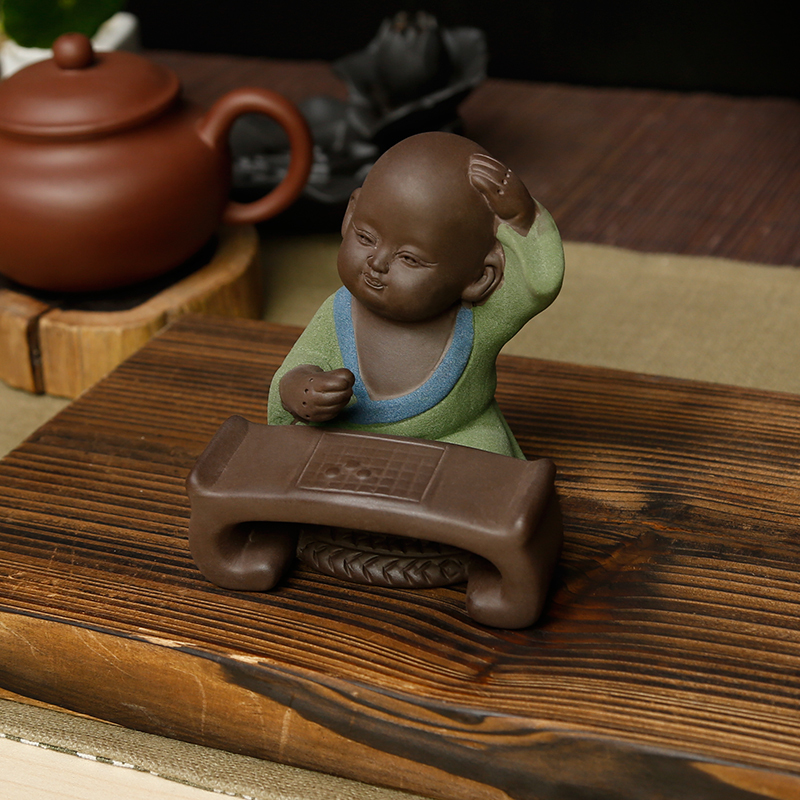 常生源 彩砂陶茶宠摆件可养小和尚茶道摆件配件 琴棋书画茶宠