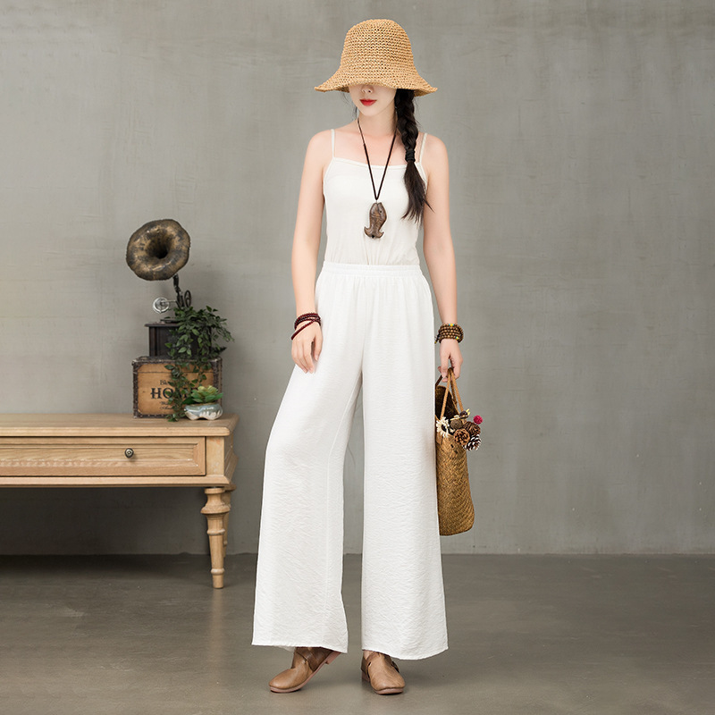 棉麻阔腿裤女裤子民族风女装宽松白色复古亚麻长裤