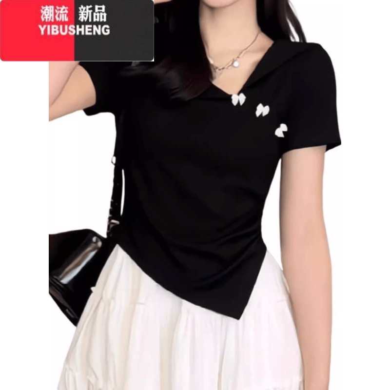 YIBUSHENG不规则翻领正肩短袖T恤女2024季大码胖mm显瘦小众收腰甜辣上衣高清大图