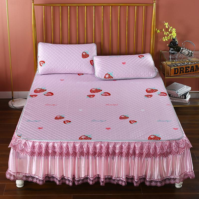 冰丝凉席三件套欧式夹棉床裙款可水洗折叠蕾丝床罩防滑空调软席子_110 1.2m（4英尺）床 粉草莓