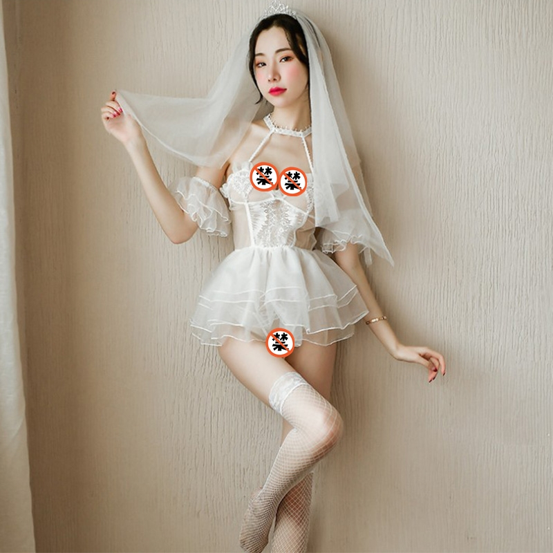 长夜漫漫 情趣内衣女士性感诱惑透明白色婚纱套装新娘装女式情趣睡衣夜店三点式制服角色扮演开档免脱露背装私密成人性生活用品 婚纱裙+T字裤+头纱 均码