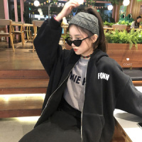 秋冬装新款字母印花加绒开衫卫衣女韩版ins连帽拉链外套女装 L 黑色