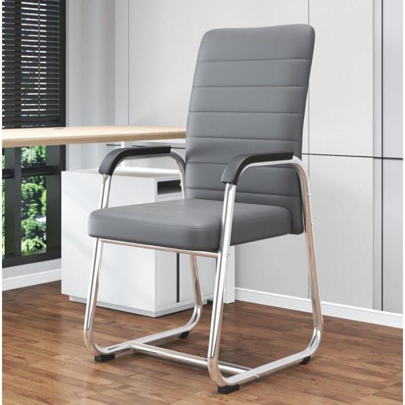 会议椅职员电脑靠背椅子【配件保10年】-高配款灰条皮-电镀架双横梁-高配款灰条皮-电镀架双横梁--