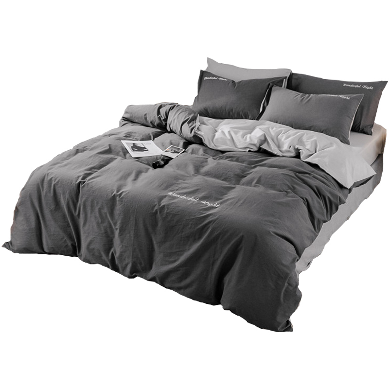 美帮汇灰色四件套全棉简约全棉被套欧美风全棉被套水洗棉三件套男