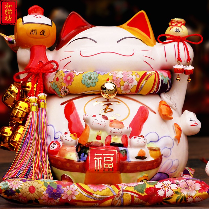 日式正版猫摆件店铺开业礼品特大号摇手陶瓷存钱罐家居装饰品 三维工匠 12寸系列-生意兴隆高29厘米_14