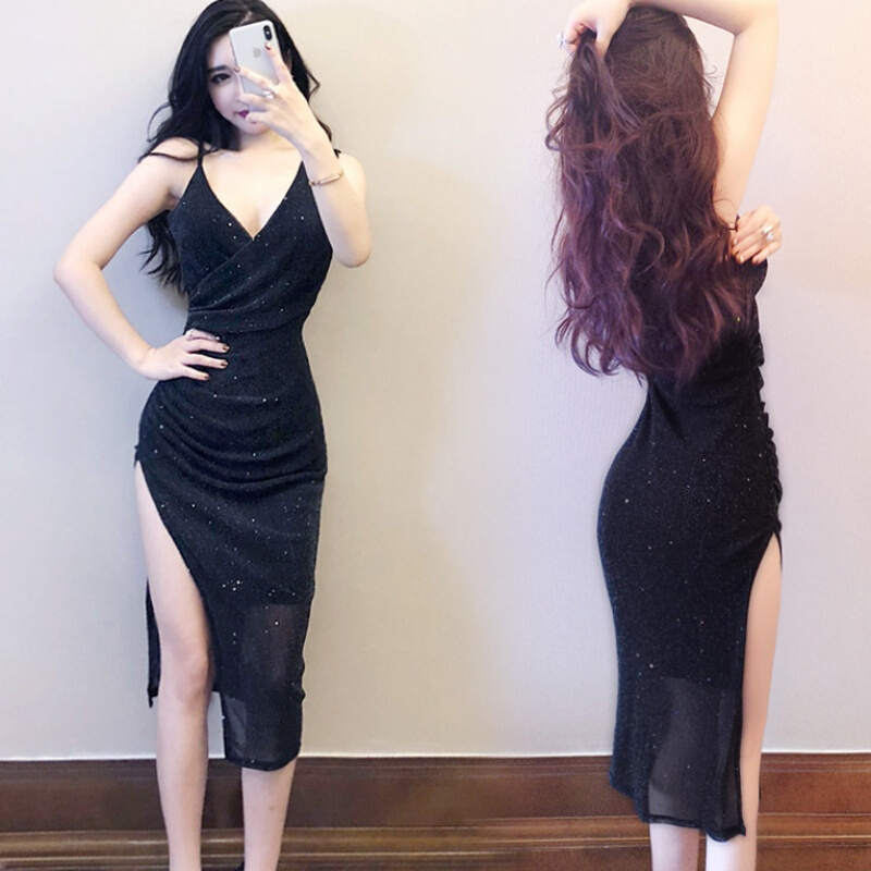酒吧女装2018夏新款夜店性感深V领中长款礼服开叉紧身带连衣裙黑色