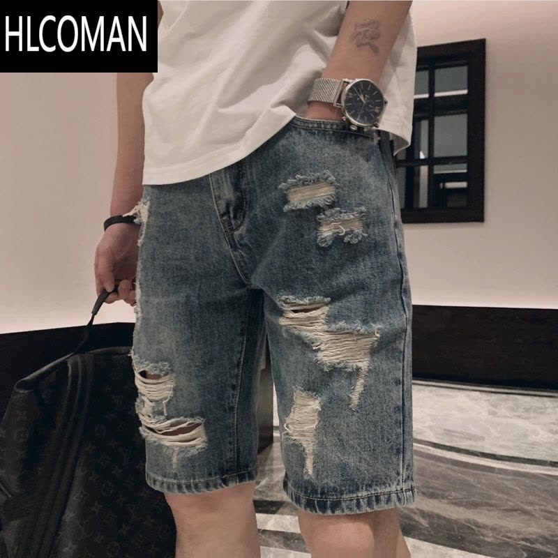 HLCOMAN牛仔短裤破洞夏季薄款男裤子潮流痞帅修身五分裤外穿大裤衩男士帅图片