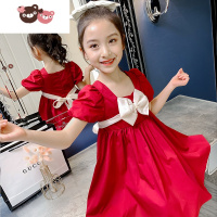 绿彩虹光女童连衣裙夏装2022新款儿童洋气泡泡袖公主裙小女孩夏季红色裙子