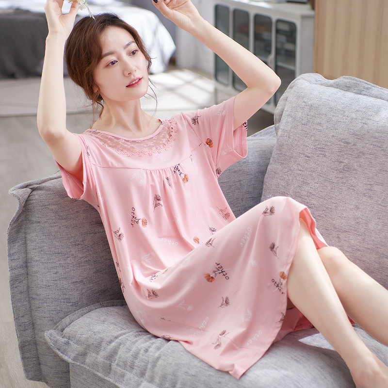 suntek睡裙女妈妈夏季短袖莫代尔棉绸中老年女士睡衣裙夏天中长薄款