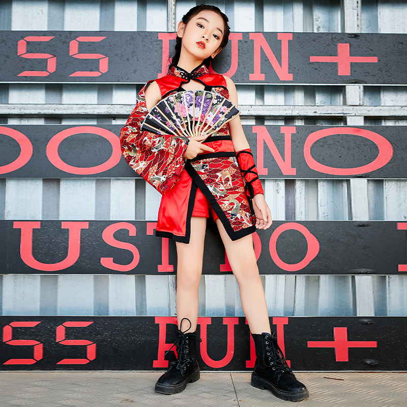 套装120cm儿童爵士舞服装t台女童表演服国潮旗袍模特走秀演出服中国风