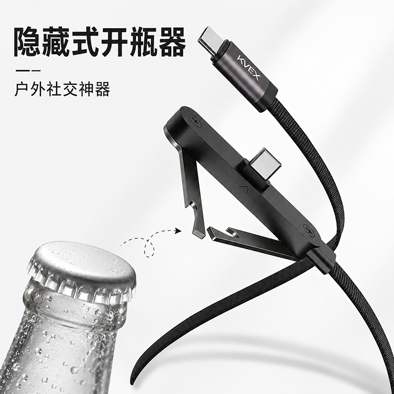 克维杰 轴系列 240W C To C 开瓶器/手机支架编织扁线数据线 黑色 1M KV-CC10H高清大图