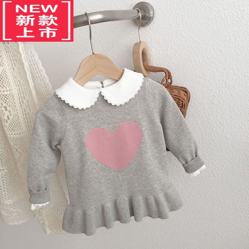 可莉允秋冬婴儿女童中长款毛衣套头宝宝爱心荷叶边下摆针织裙式上衣图片