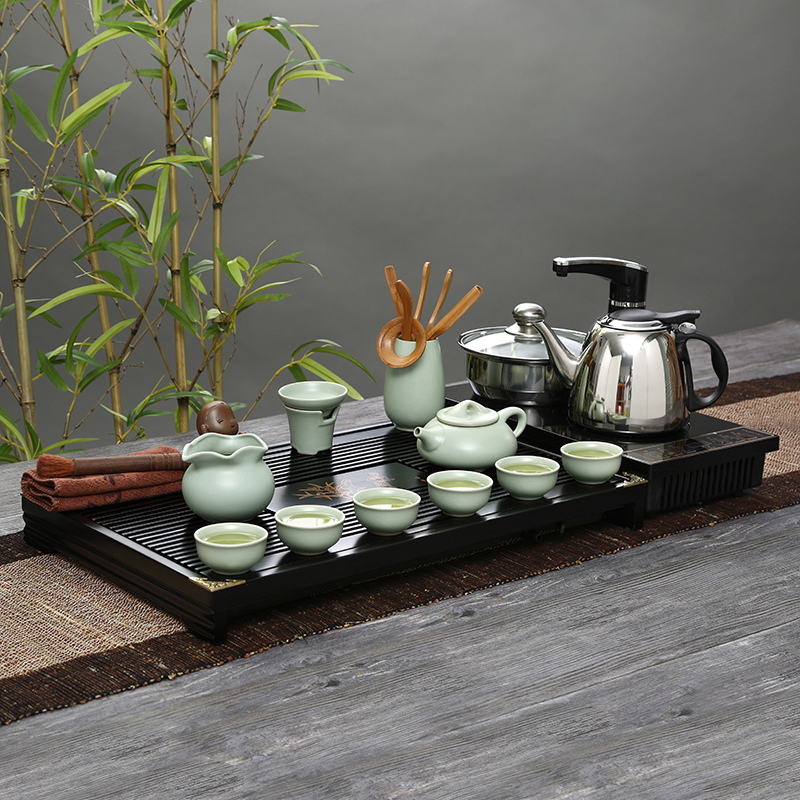 常生源 功夫茶具套装实木茶盘仿宋汝窑茶壶茶杯泡茶炉整套 幽雅石瓢套组
