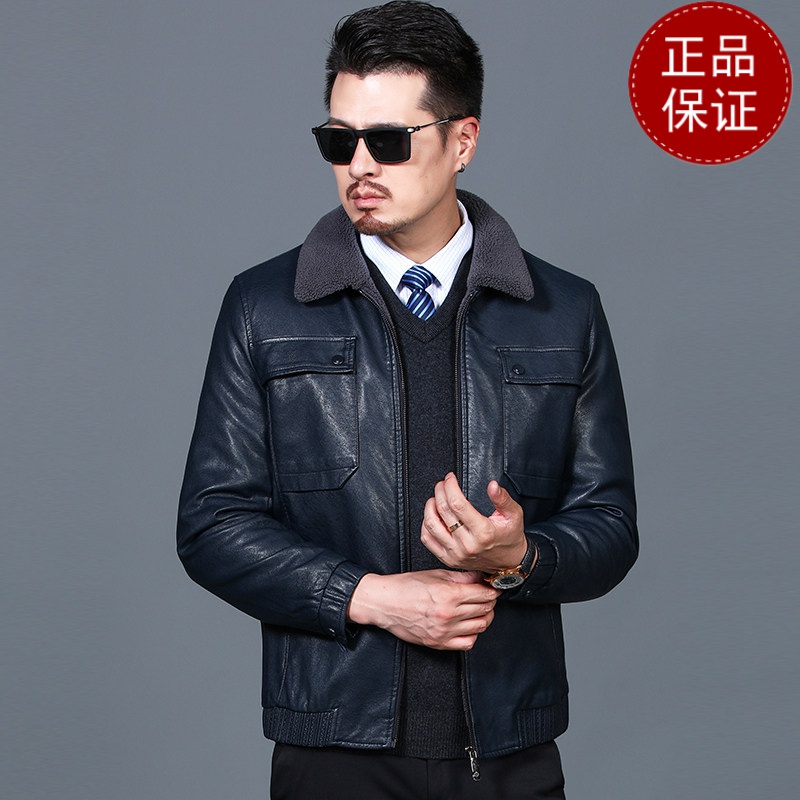 免费试穿冬天加绒加厚男棉衣防水免洗保暖服时尚休闲皮棉袄皮毛一体皮夹克2021冬装新款外套_740 180 蓝色