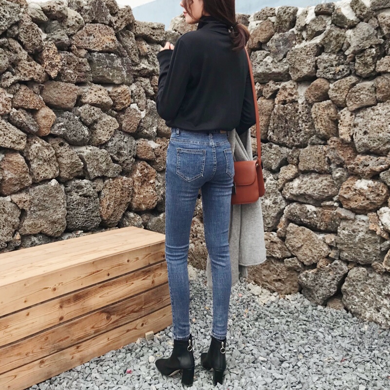 春装女装韩版高腰显瘦修身打底裤铅笔裤百搭牛仔裤小脚裤学生长裤蓝色