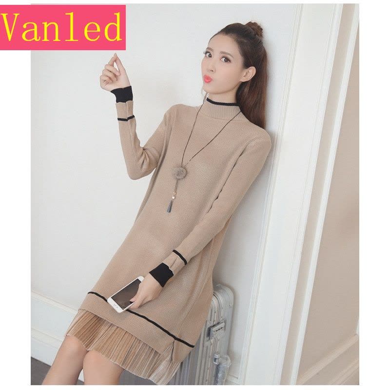 2017新款长袖修身中长款毛衣加厚百褶内搭打底裙针织连衣裙秋冬女图片