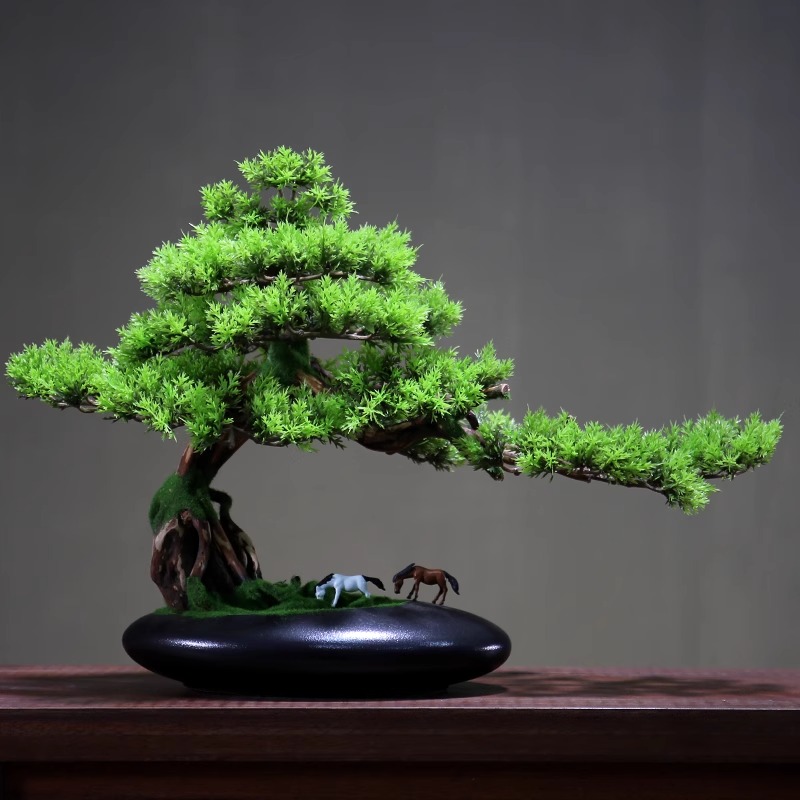 新中式迎客松摆件装饰品根雕造景 牧马迎客松-大美叶/盆