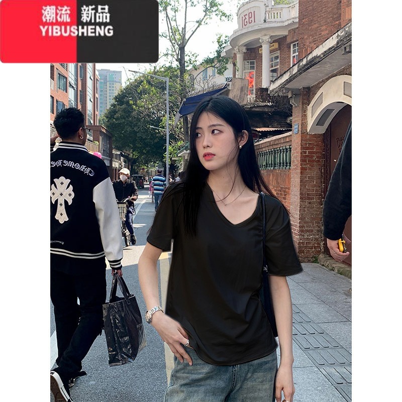 YIBUSHENG白色正肩短袖t恤女季2024年新款打底衫宽松显瘦别致V领法式上衣 黑色 M